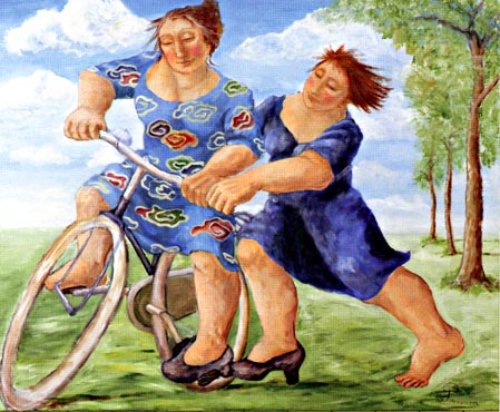 Twee vrouwen in gevecht met fiets | 2005 acryl 100 x 125 cm