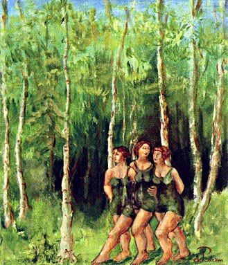 Drie gratiën in bos | 2005 acryl 80 x 70 cm 